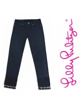 Lilly Pulitzer South Ocean Crop Jeans Black with Crochet Tassel Hem